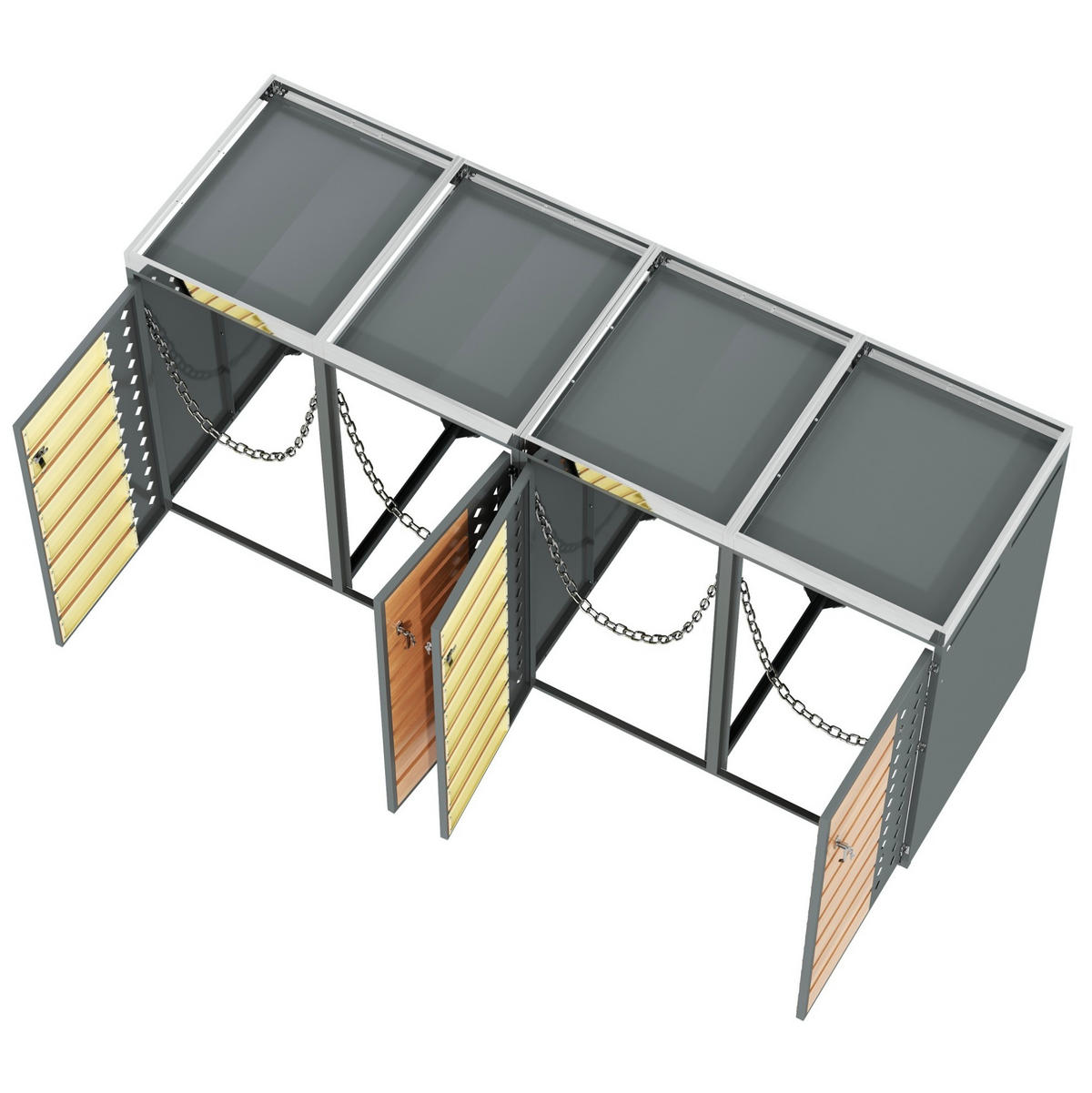 MÜLLTONNENBOX aus verzinktem Stahl in Grau/Holzoptik mit Pflanzkasten & 4 Türen 264x80x124,5 cm - Grau, Metall (264/124.5/80cm) - Modfu