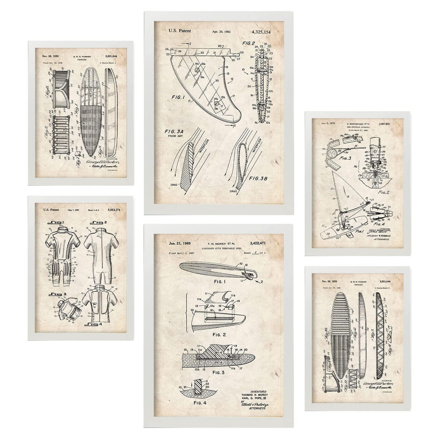 POSTER Set Mit 6 Plakaten Mit Surfen Patenten Im Vintage Stil A3 & A4 Weißer Rahmen - Weiß, Papier (29/3cm) - Nacnic