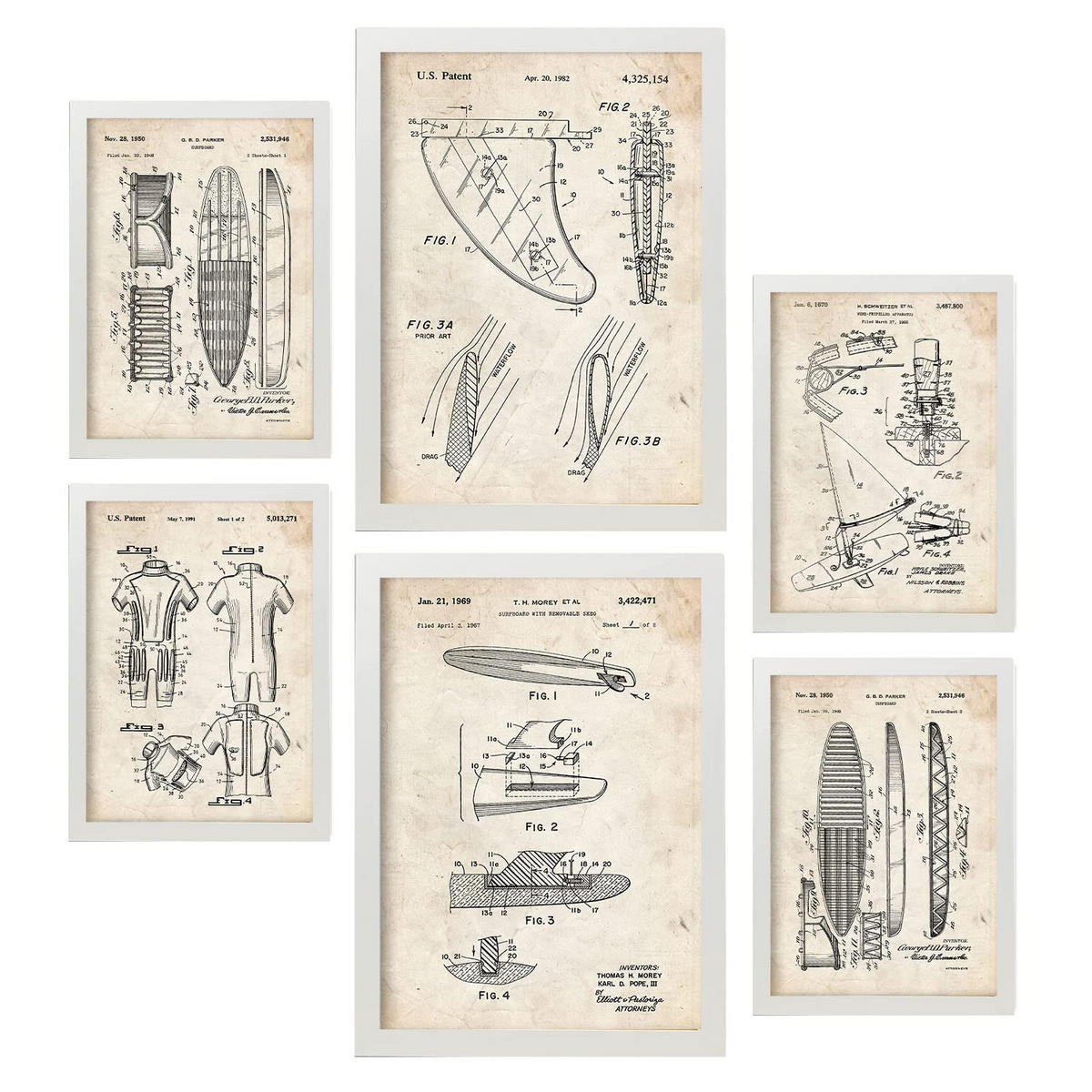 POSTER Set Mit 6 Plakaten Mit Surfen Patenten Im Vintage Stil A3 & A4 Weißer Rahmen - Weiß, Papier (29/3cm) - Nacnic
