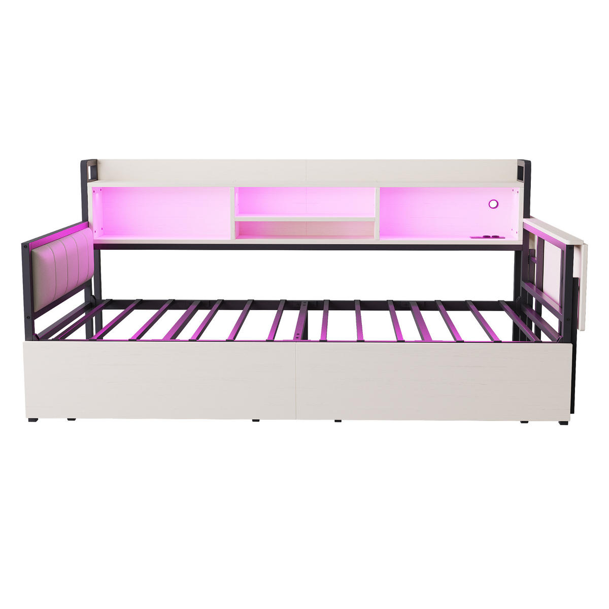 BETT 90/200 cm mit LED-Beleuchtung und Schreibtisch Weiß - Weiß, Metall (90/200cm) - OKWISH