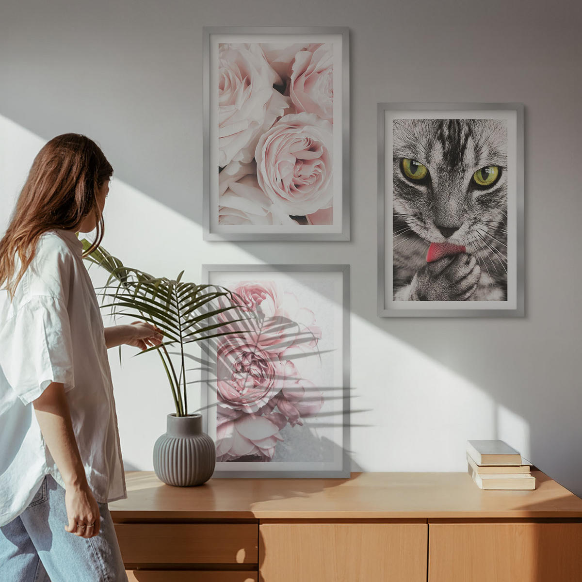 BILDER SET 3er Set - 40x60 cm Silberner Rahmen - Katze in rosa Blumen - Silberfarben, Kunststoff (40/60cm) - TULUP