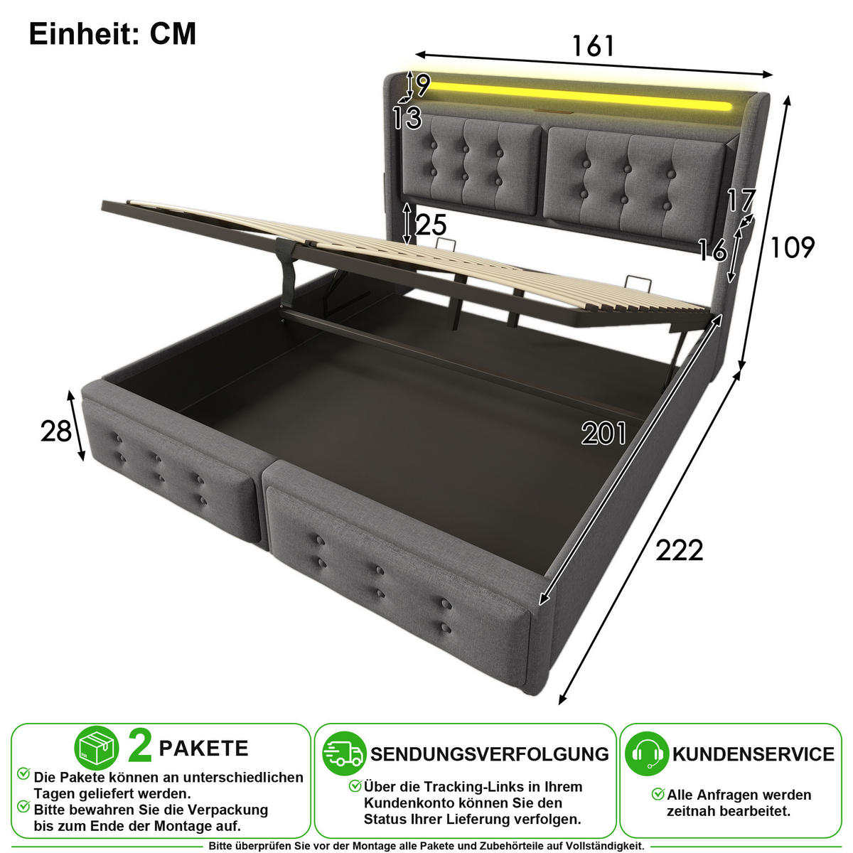 POLSTERBETT 160/200 cm in Grau mit Bettkasten, LED, USB und Type-C Baumwoll-Leinenstoff - Grau, Holzwerkstoff/Textil (160/200cm) - CHICFURN