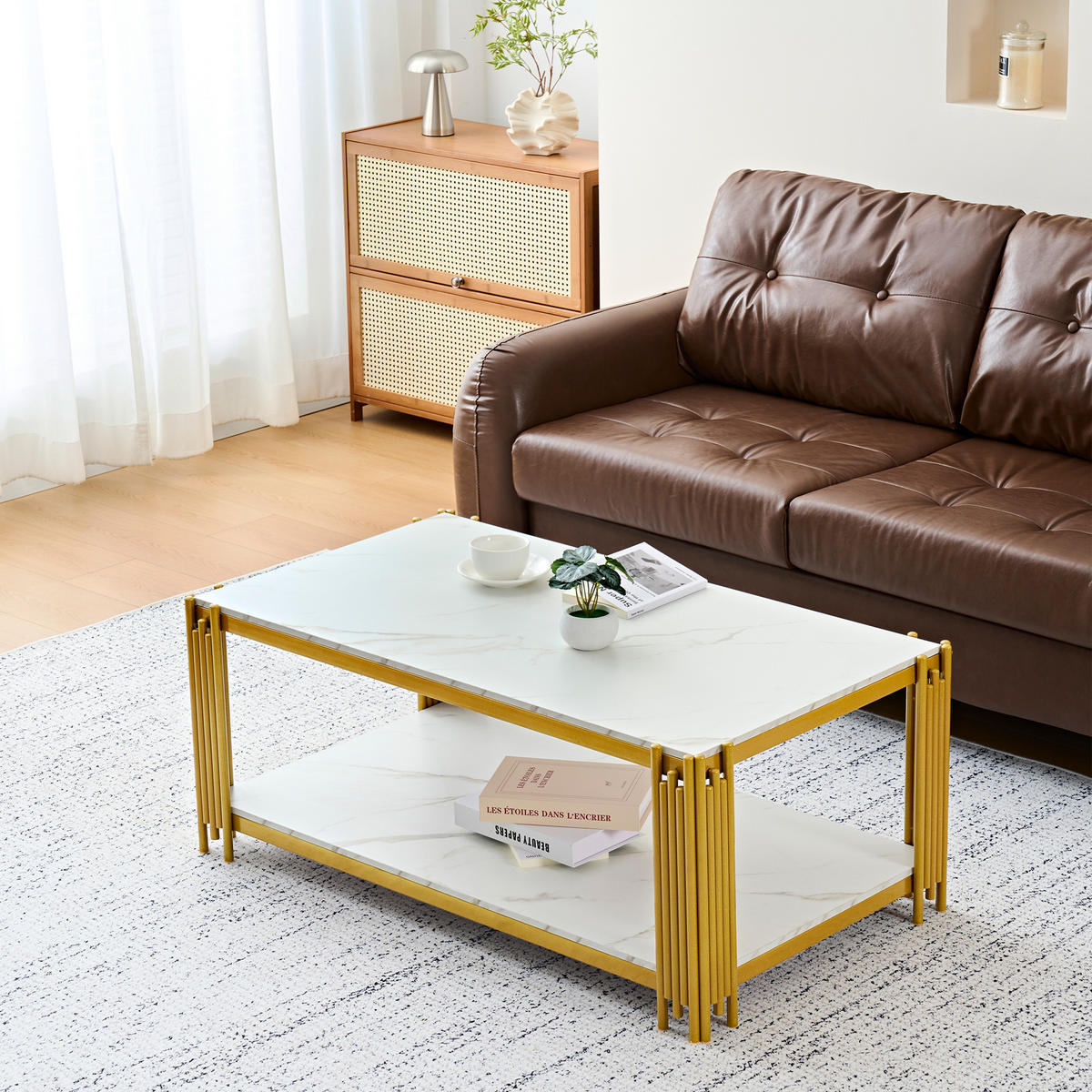 COUCHTISCH mit 2 Ablagen Marmoroptik Weiß Goldfarben - Weiß, Metall (114/64/46cm) - Meubliv