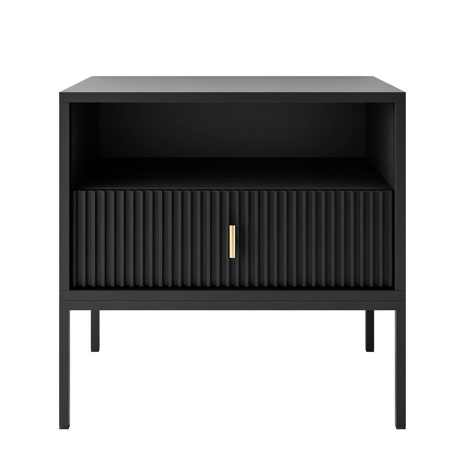 NACHTTISCH MIDNIGHT mit geriffelter Front auf Gestell schwarz - Schwarz, Holzwerkstoff (54/52.5/39cm) - Lookway