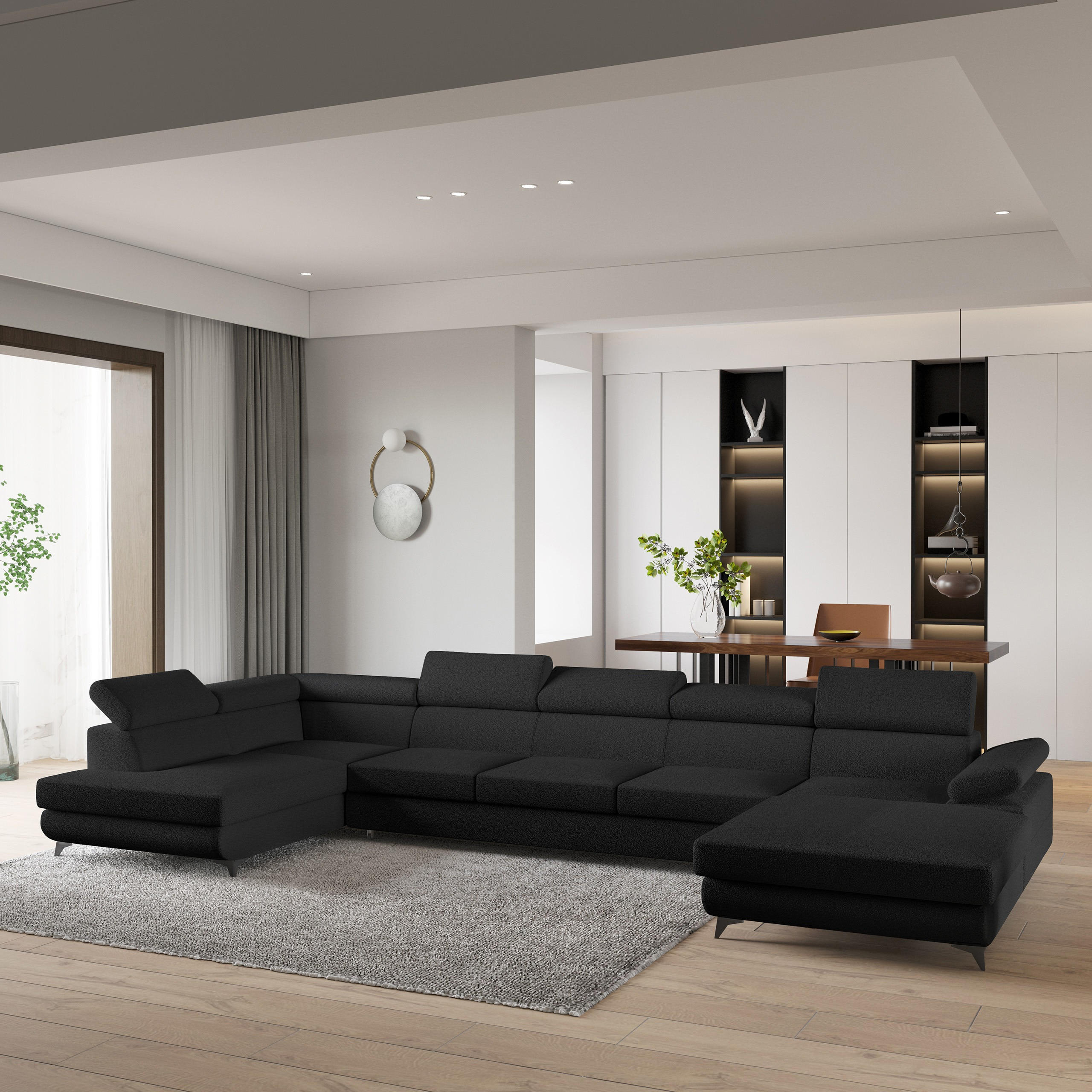 WOHNLANDSCHAFT MONTIVA Schwarz Boucle-Stoff mit Schlaffunktion - Schwarz, Holz (410/89/190cm) - MASSENO