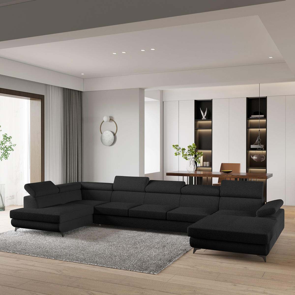 WOHNLANDSCHAFT MONTIVA Schwarz Boucle-Stoff mit Schlaffunktion - Schwarz, Holz (410/89/190cm) - MASSENO