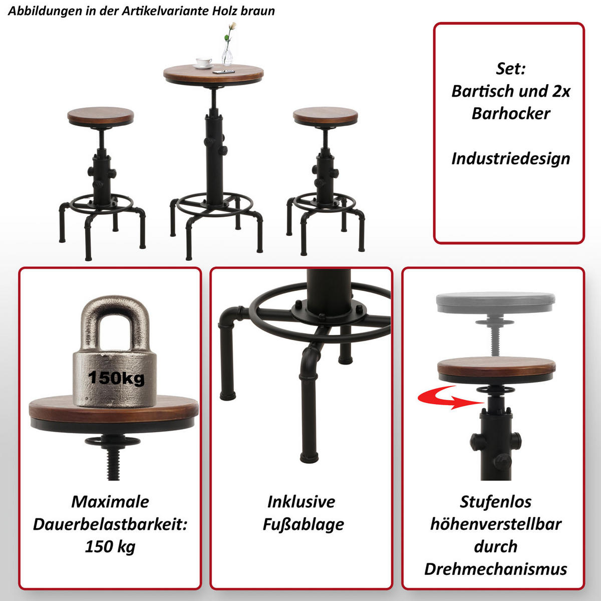 BARTISCH-SET rund Braun 3er-Set - Braun, Holz (40/104/40cm) - MCW
