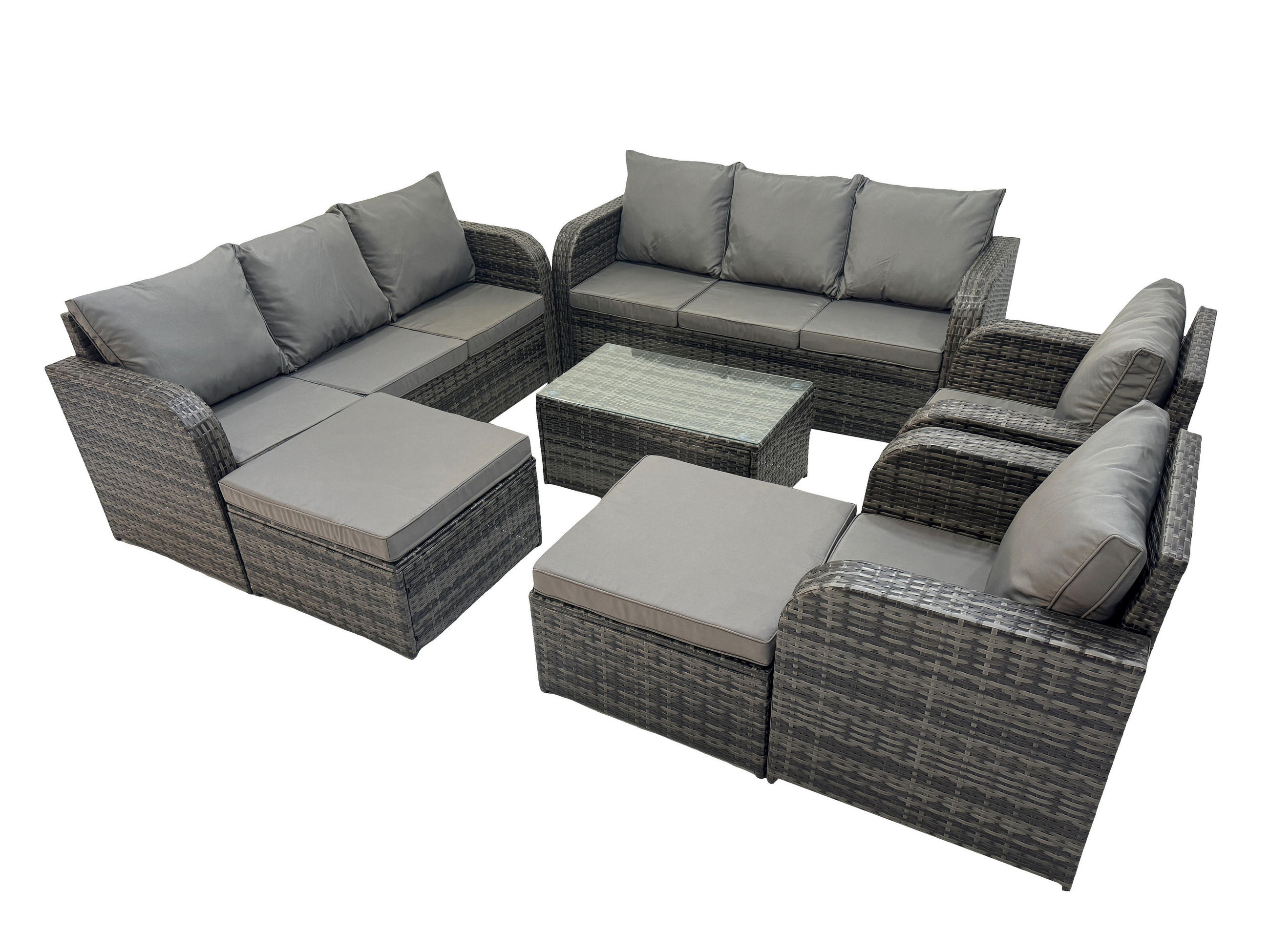 GARTENMÖBELGARNITUR mit KISSEN Polyrattan Dunkelgrau 10-Sitzer - Dunkelgrau/Grau, Glas/Kunststoff - Fimous