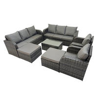 GARTENMÖBELGARNITUR mit KISSEN Polyrattan Dunkelgrau 10-Sitzer - Dunkelgrau/Grau, Glas/Kunststoff - Fimous
