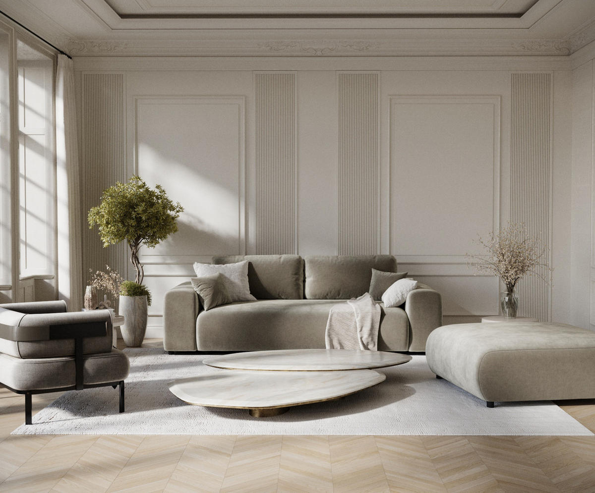 3-SITZER-SOFA Zanzibar Taupe Samtstoff - Taupe/Schwarz, Holz/Holzwerkstoff (213/79/108cm) - Maison de Reve