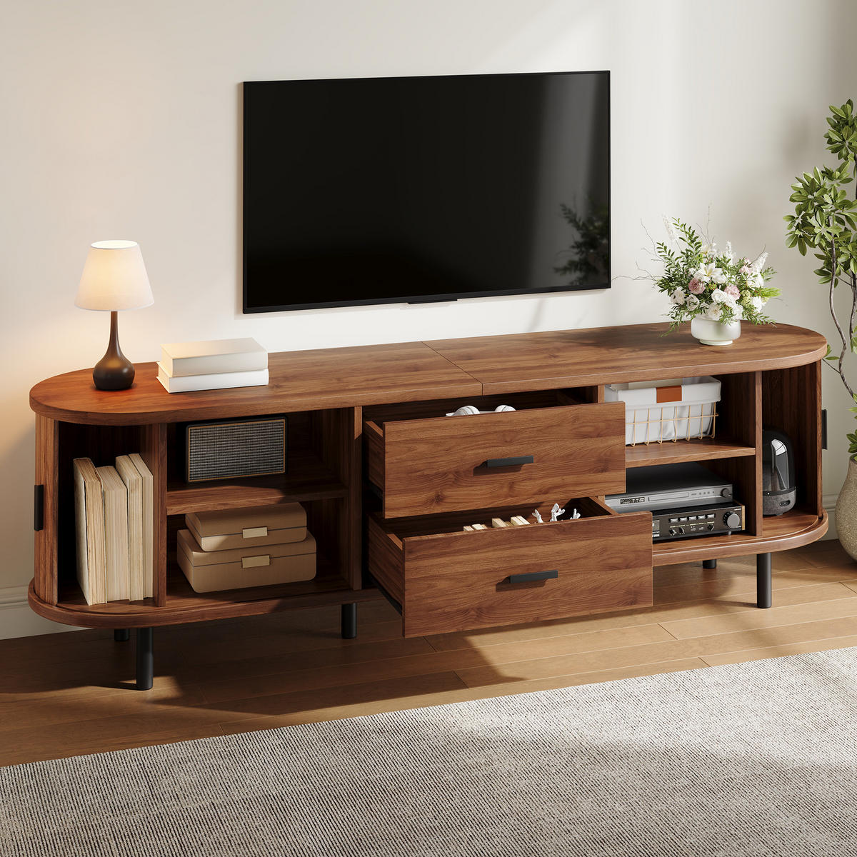 TV-SCHRANK 160/40/55 cm Walnussholzfarbe mit 2 Schublade und Schiebetüren - Nussbaumfarben/Schwarz, Holz/Holzwerkstoff (160/55/40cm) - Oxeza