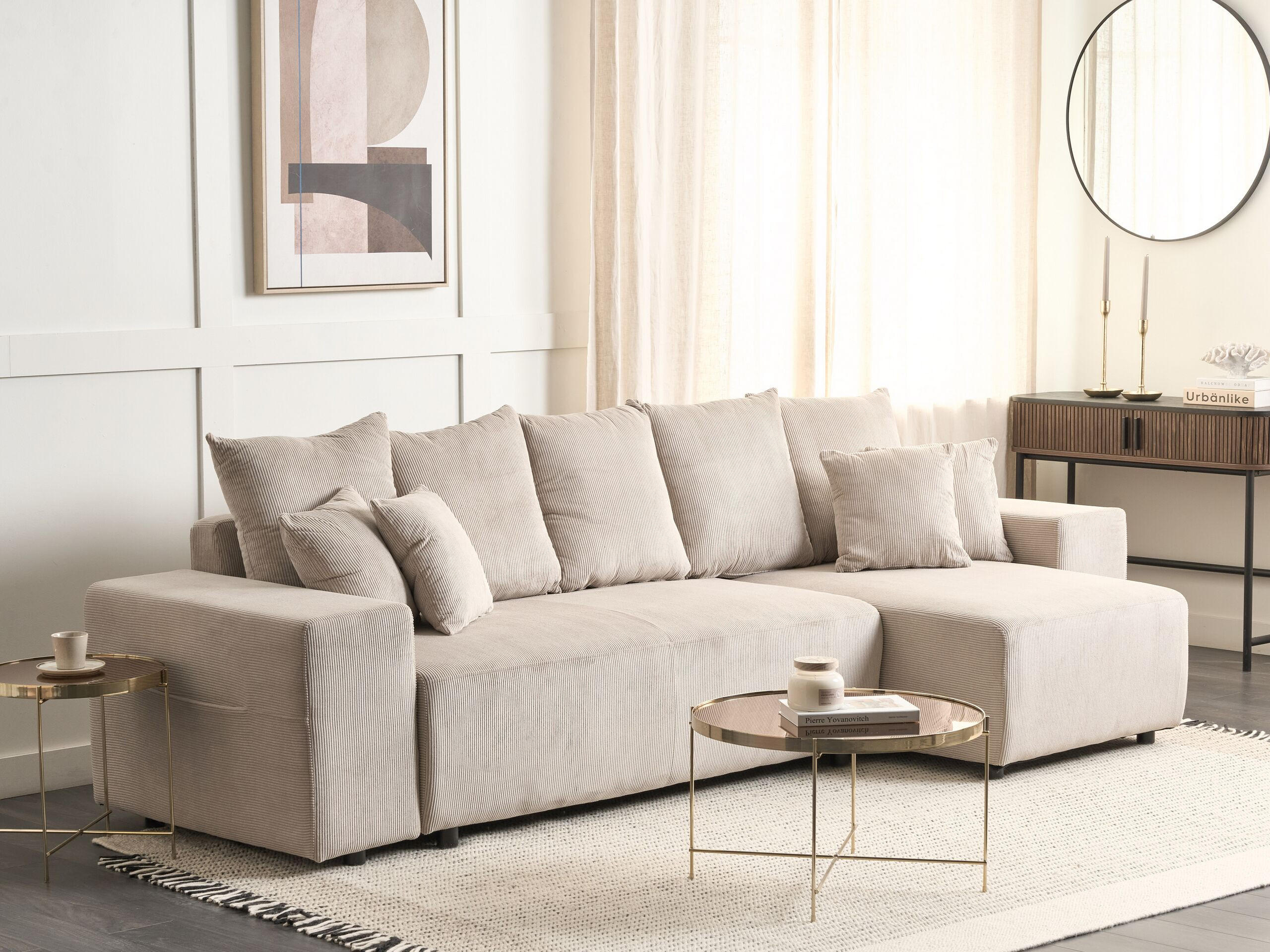 3-SITZER-ECKSOFA Cord taupe rechtsseitig mit Schlaffunktion Stauraum Luspa - Taupe/Schwarz, Textil (294/130cm) - Beliani