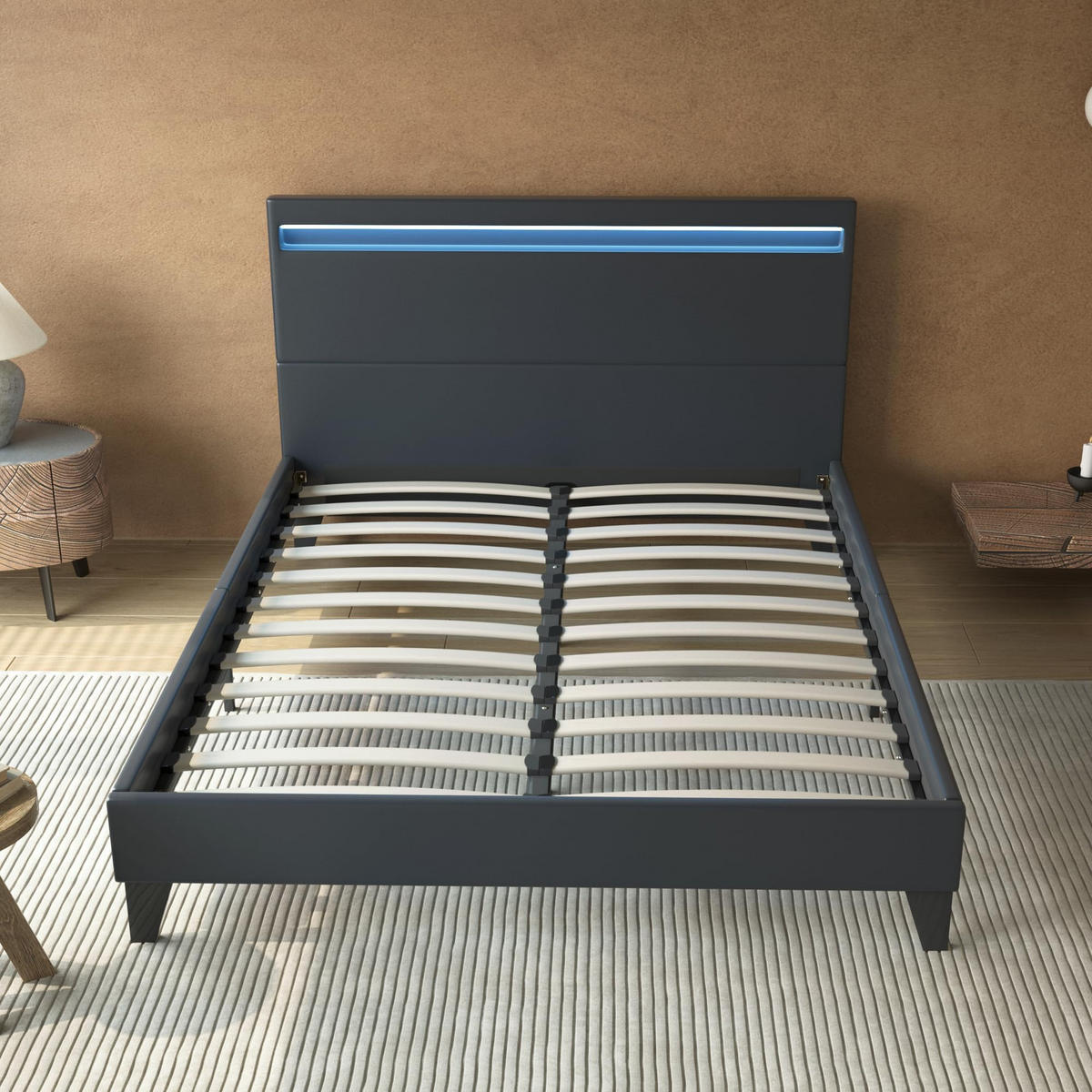 BETT 140x190 cm mit Kopfteil aus schwarzem Kunstleder - Schwarz, Naturmaterialien (140/200cm) - November Sleep