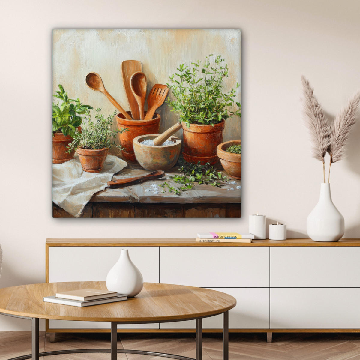 LEINWANDBILD Töpfe - Kräuter - Holz 90x90 cm - Terracotta, Textil (90/90cm) - MuchoWow