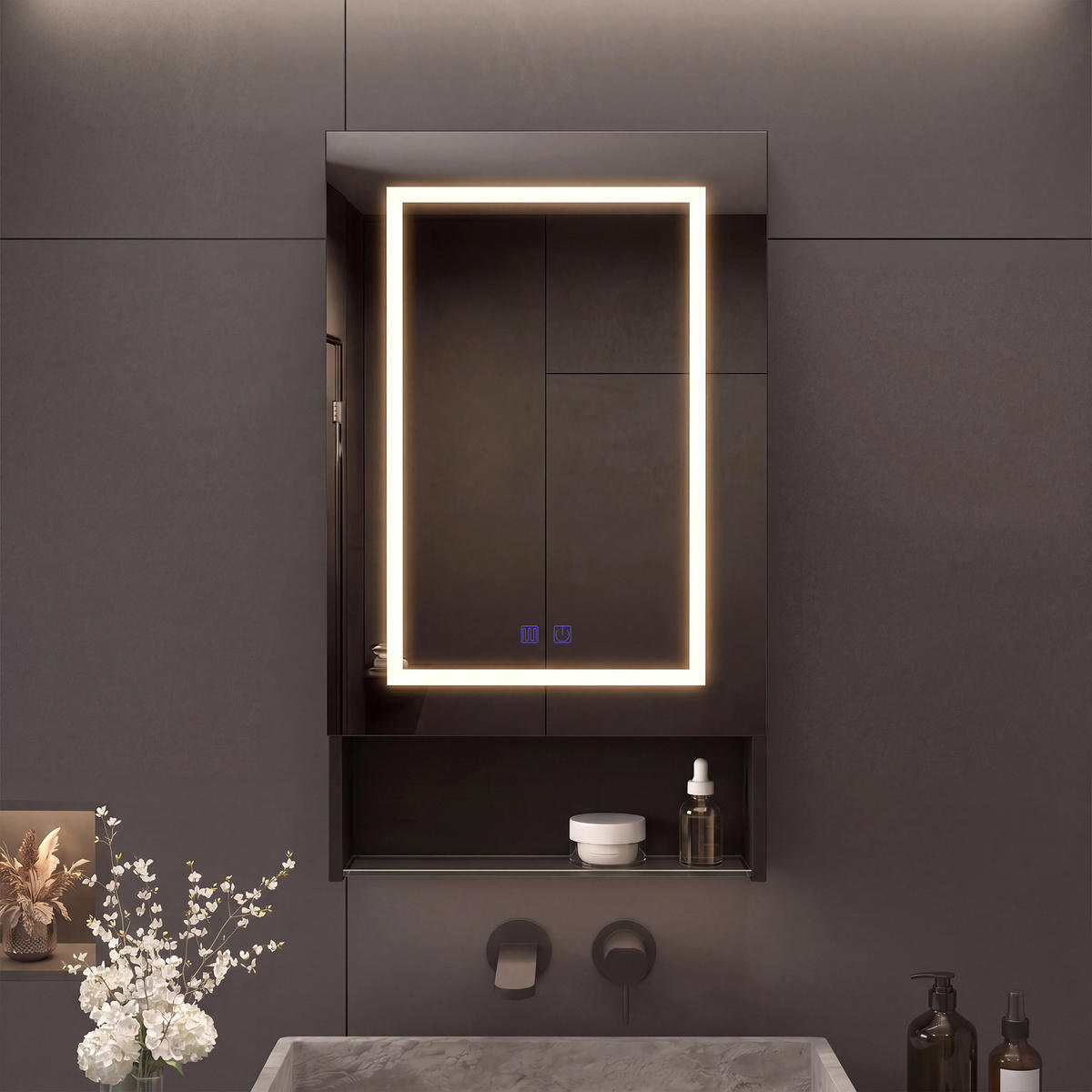 SPIEGELSCHRANK Schwarz 50x88cm mit 3 Lichtfarben & Antibeschlag - Schwarz, Glas (50/88/16cm) - SHOPENTRA