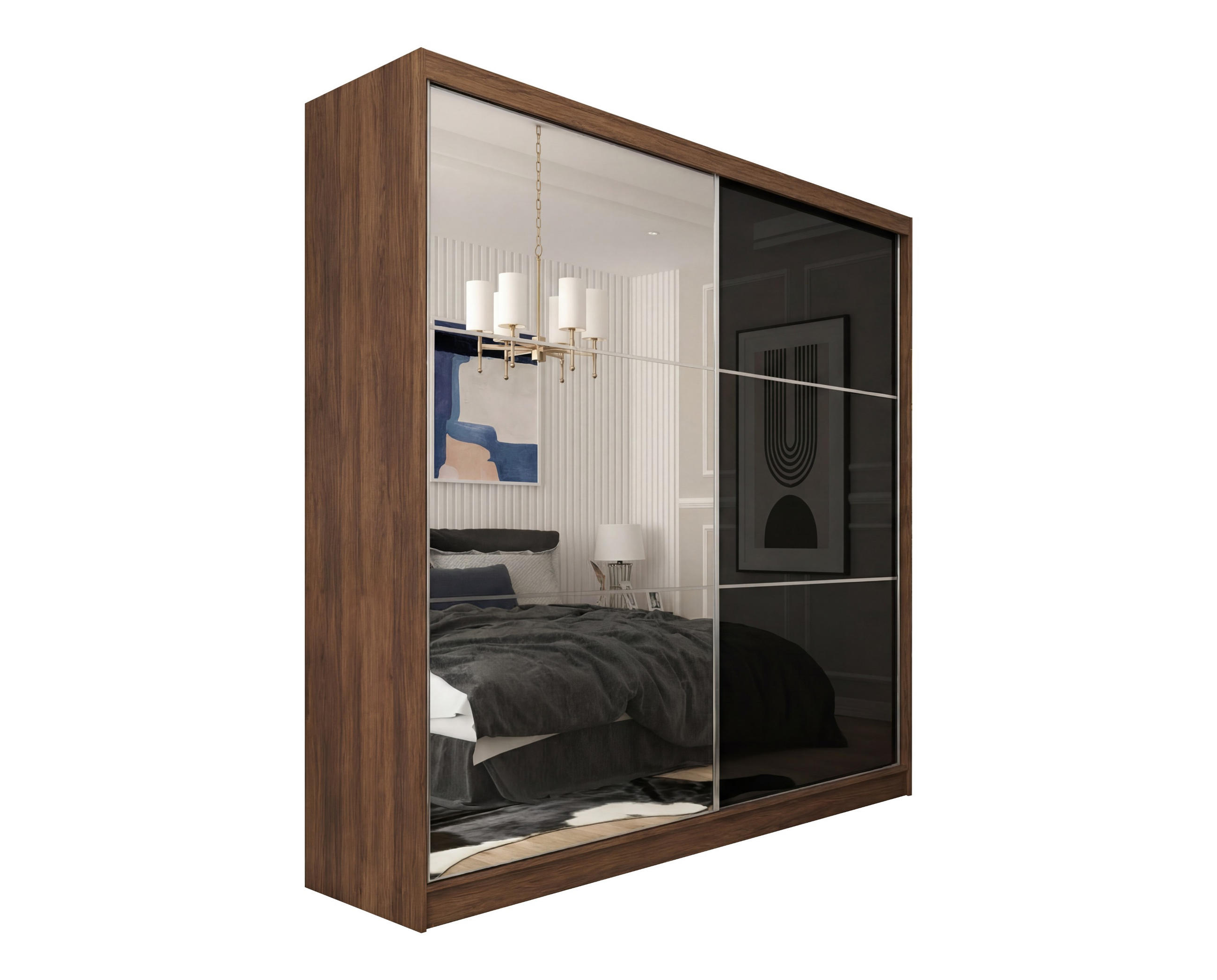 SCHWEBETÜRENSCHRANK Vena 200 cm mit Spiegel 2-türig, Nuss Warmia, lacobel schwarz - Dunkelbraun/Schwarz, Holz/Kunststoff (200/216/61cm) - Margaret Hadas24