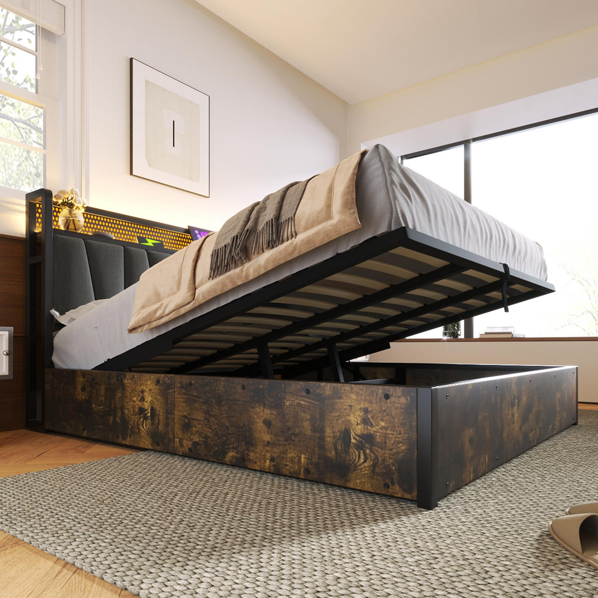 POLSTERBETT 180/200 cm mit Bettkasten, RGBW LED-Kopfteil & USB/Steckdosen, Grau - Grau, Textil (180/200cm) - Redom