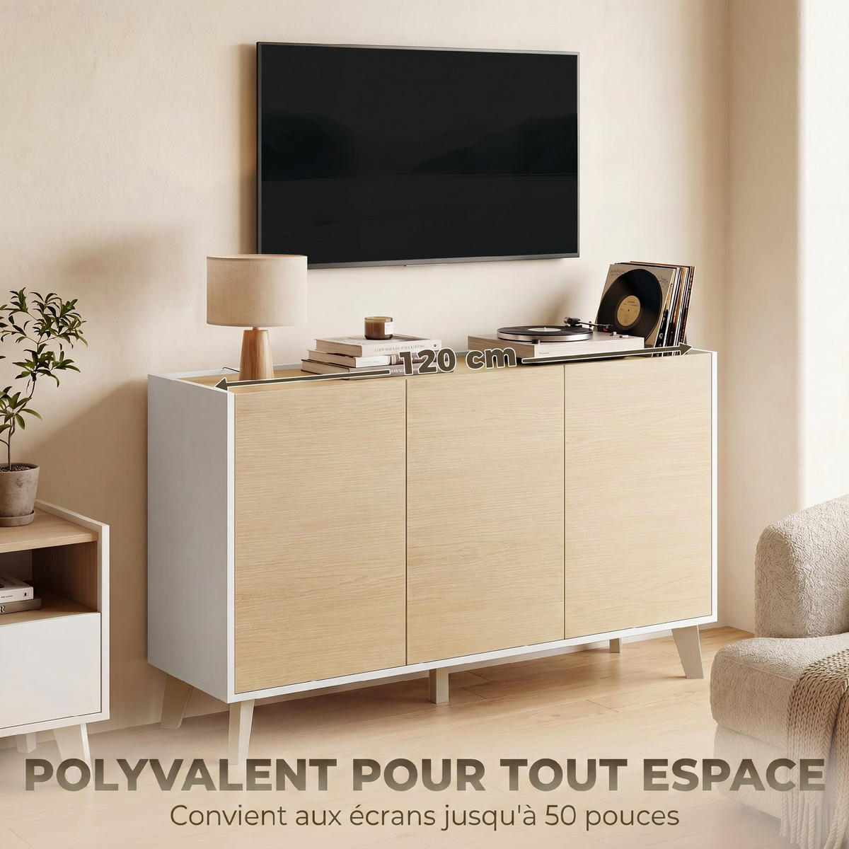 SIDEBOARD DE-11347 3 Soft-Close Türen & 6 Fächer Naturholz/Weiß - Naturfarben, Holzwerkstoff (120/73.5/35cm) - ComfortXL