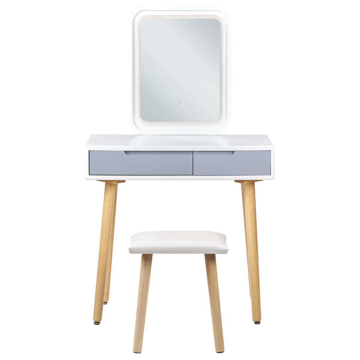 SCHMINKTISCH mit 2 Schubladen, LED-Spiegel und Hocker Weiß/Grau Dieppe - Hellbraun/Weiß, Holzwerkstoff (80/134/40cm) - Beliani