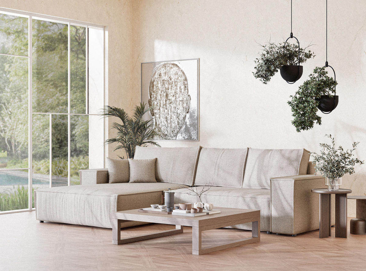 ECKSOFA MIT SCHLAFFUNKTION Maze Beige Webstoff - Schwarz/Grau, Holz/Holzwerkstoff (294/185cm) - Maison de Reve