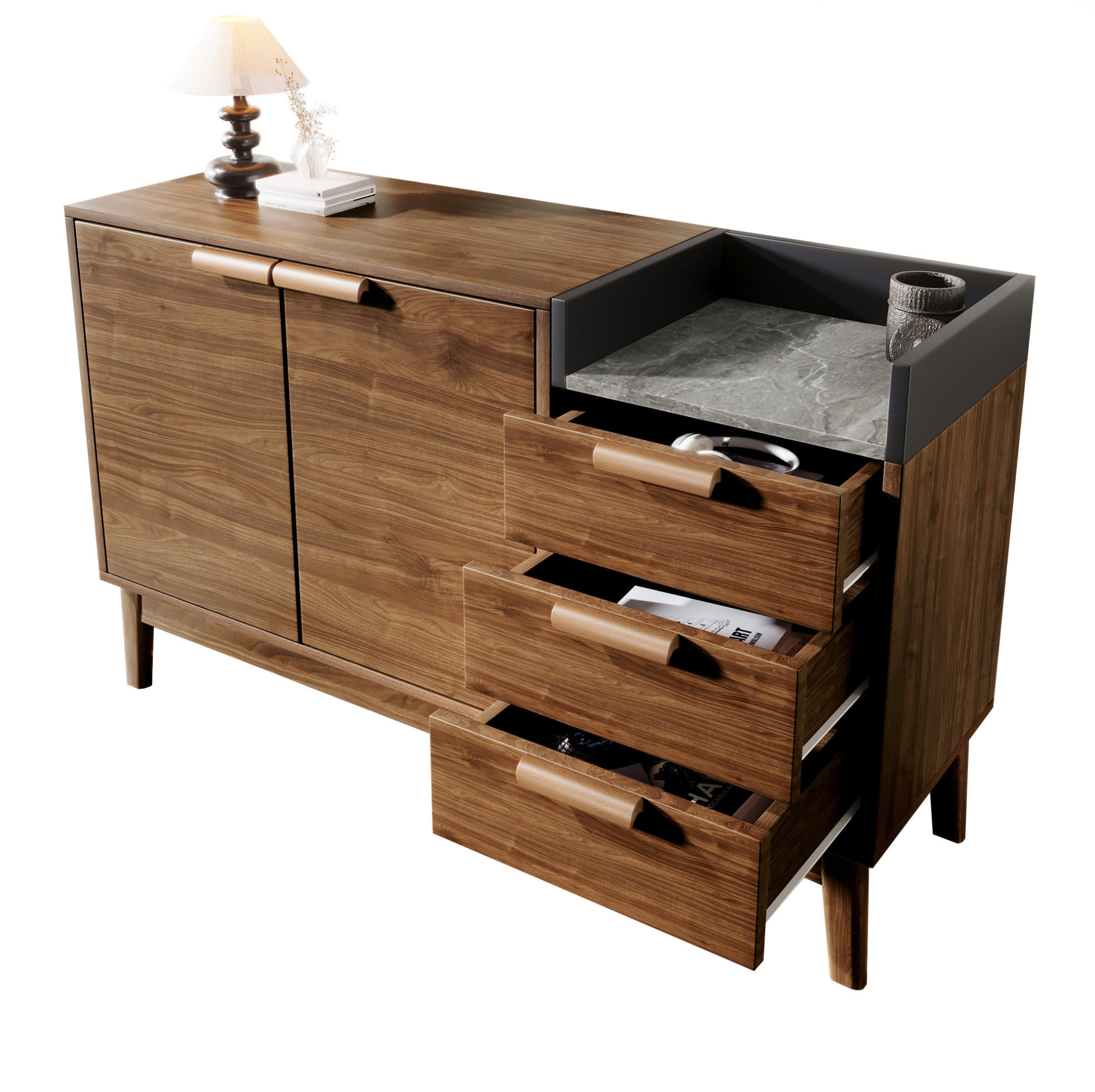 SIDEBOARD in dunkler Eiche mit Marmor-Optik Platte, 3 Schubladen und Doppeltürschrank, kehrroboterfähig, 120/40/77 cm, dunkler Eiche - Eichefarben, Holzwerkstoff (120/77/40cm) - Redom