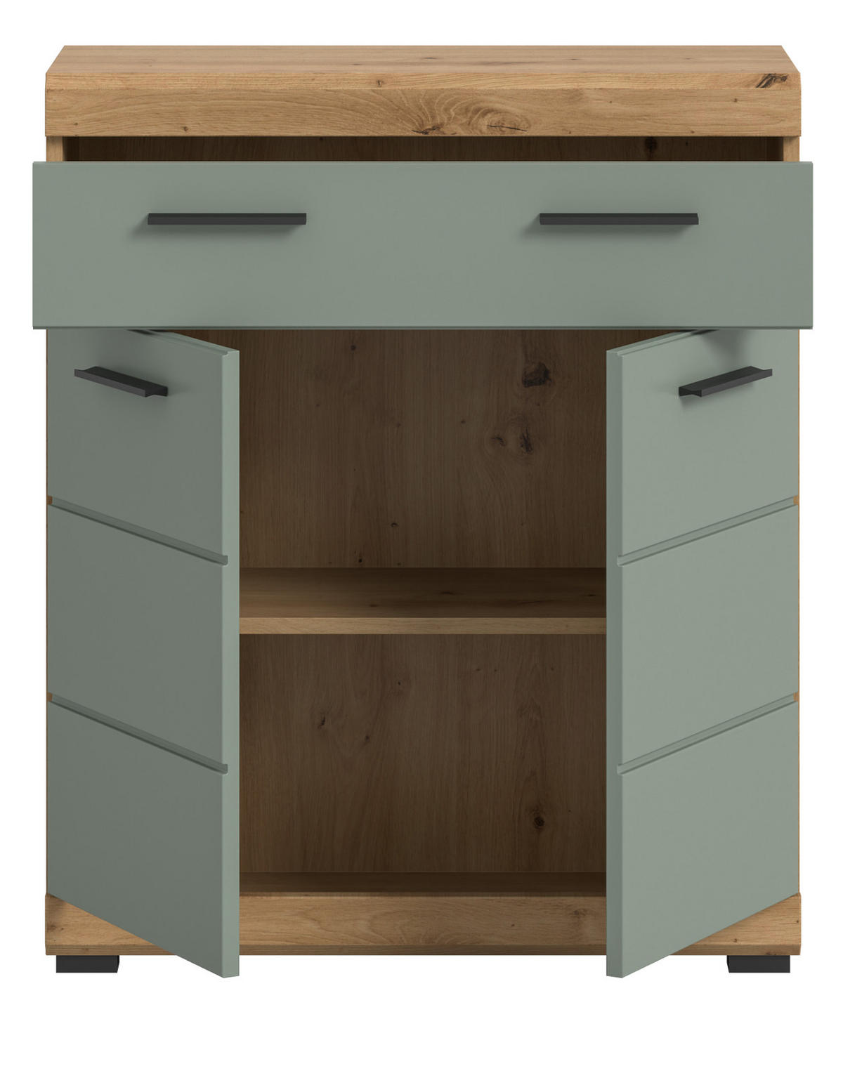 BADKOMMODE Salbei grün, Eiche Artisan 74 x 88 cm, Badschrank mit Vollauszug - Salbeigrün/Schwarz, Holzwerkstoff/Kunststoff (74/88/31cm) - Inn.Furn