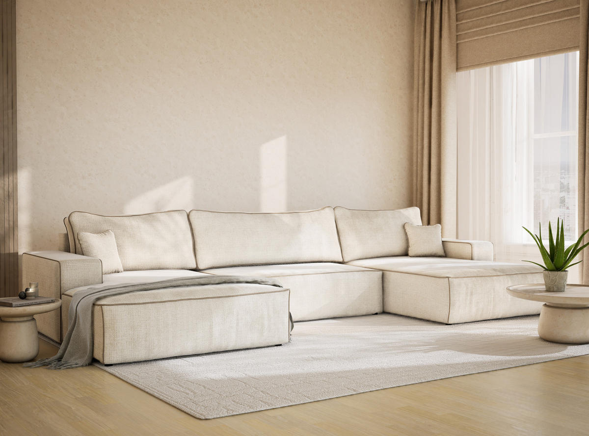 WOHNLANDSCHAFT Deseo Ecru-Beige Chenille-Stoff - Ecru/Beige, Holz/Holzwerkstoff (398/70/148cm) - Maison de Reve