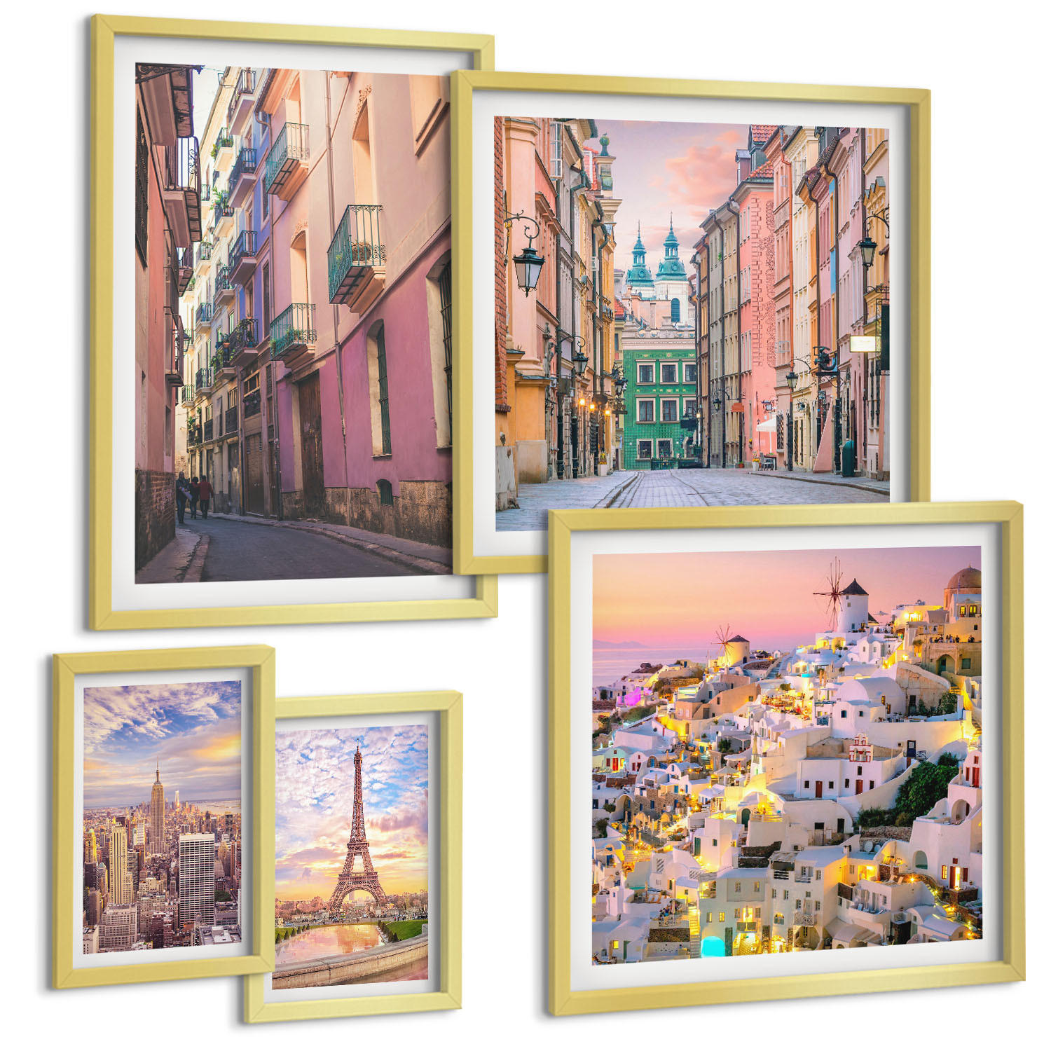 BILDER SET 5er Set - 50x50 cm & 20x30 cm & 40x60 cm Goldrahmen - New York Paris Oia Warschau Dämmerung - Goldfarben, Kunststoff (40/60cm) - TULUP