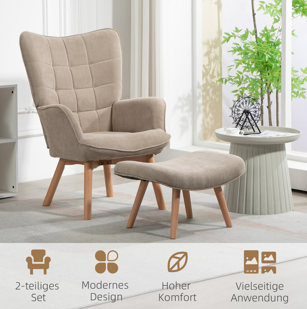 OHRENSESSEL mit Hocker Polyesterbezug, Holzbeine 72/80/101 cm Beige - Beige, Textil (72/101/80cm) - Redom