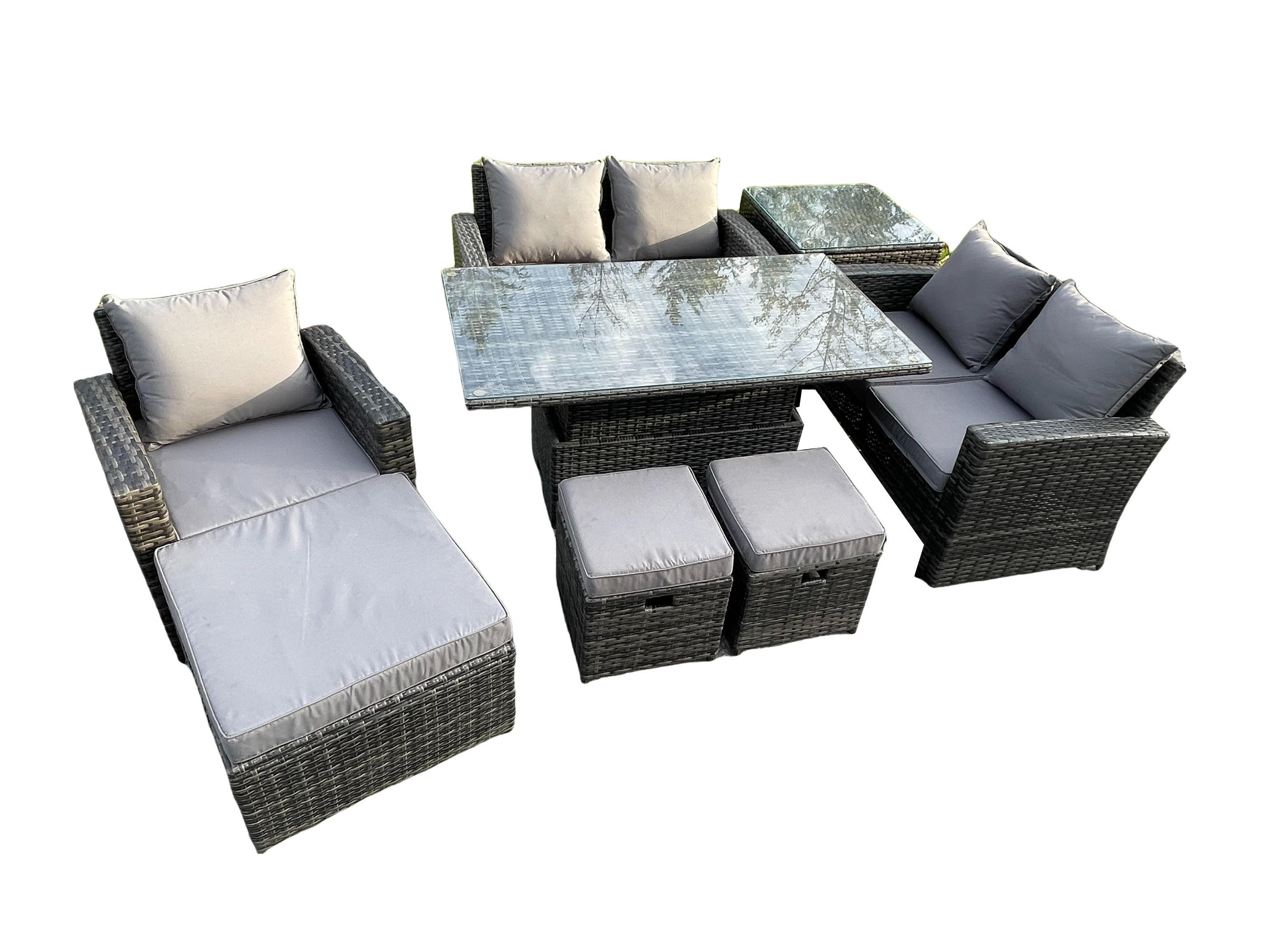 GARTENMÖBEL-SET HÖHENVERSTELLBARER ESSTISCH BEISTELLTISCH 3 HOCKER Polyrattan Dunkelgrau Gemischt 8-Sitzer - Dunkelgrau, Metall - Fimous