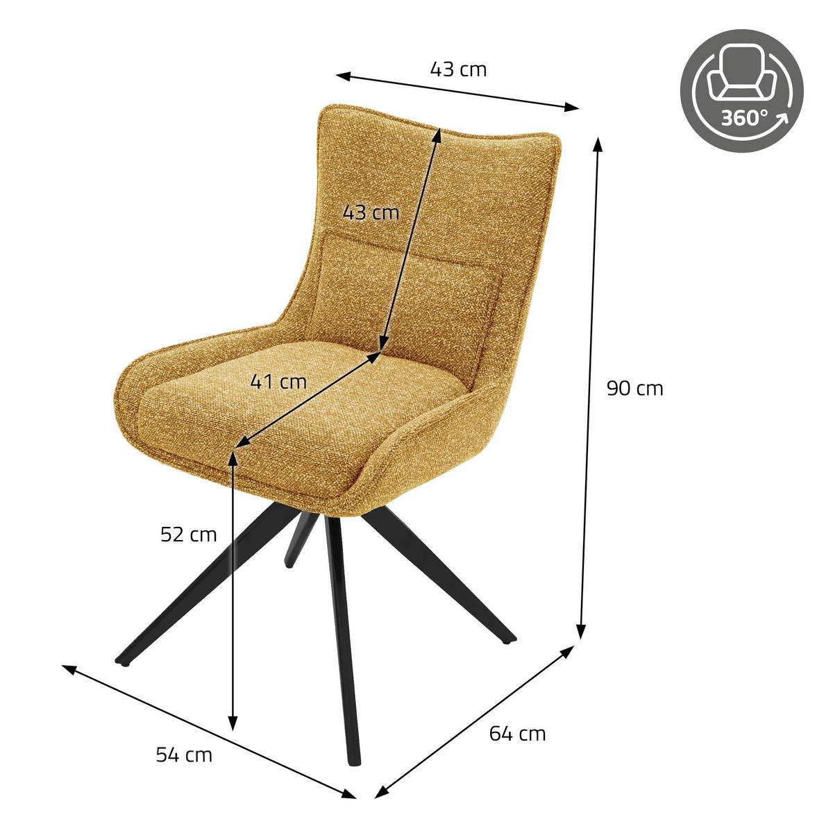 ESSZIMMERSTUHL drehbar Küchenstuhl gepolstert mit Webstoff-Bezug Senf - Dunkelgelb/Schwarz, Textil/Metall (54/90/64cm) - ML-DESIGN