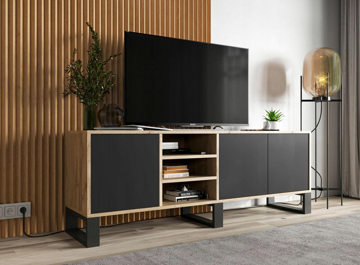 TV-LOWBOARD Apollo Eiche wotan Schwarz Matt mit Metallbeinen 150/53/35 cm - Schwarz, Holzwerkstoff/Metall (150/53/35cm) - Meble Lindner