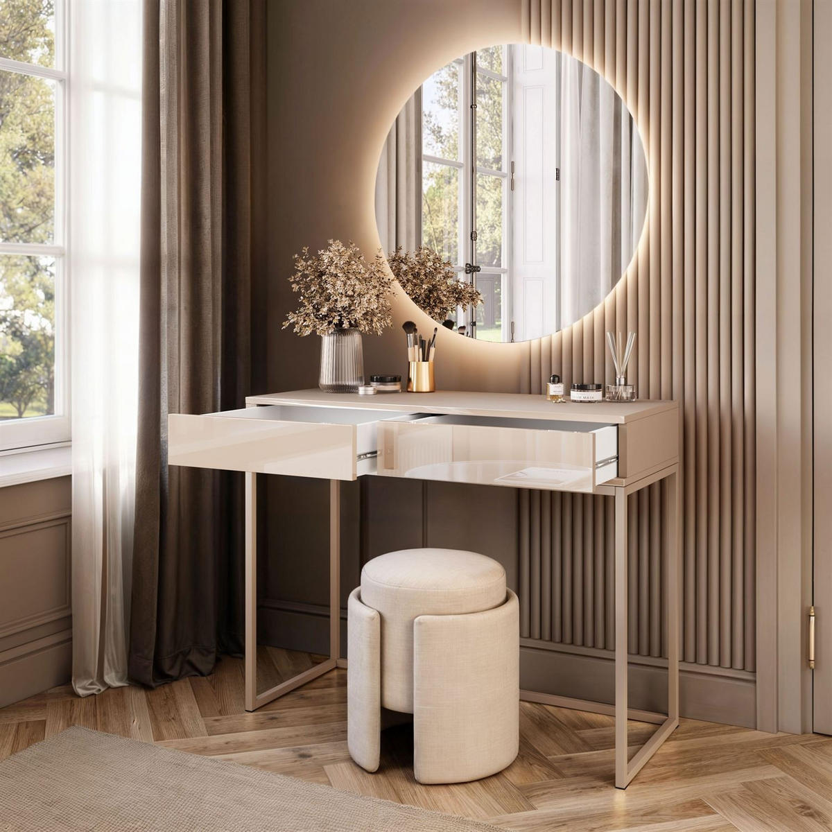 SCHMINKTISCH Blanco Glamour auf Kaschmir-Gestell mit LED-Spiegel PUSH OPEN - Kaschmir, Holzwerkstoff (100/81/42cm) - Lookway