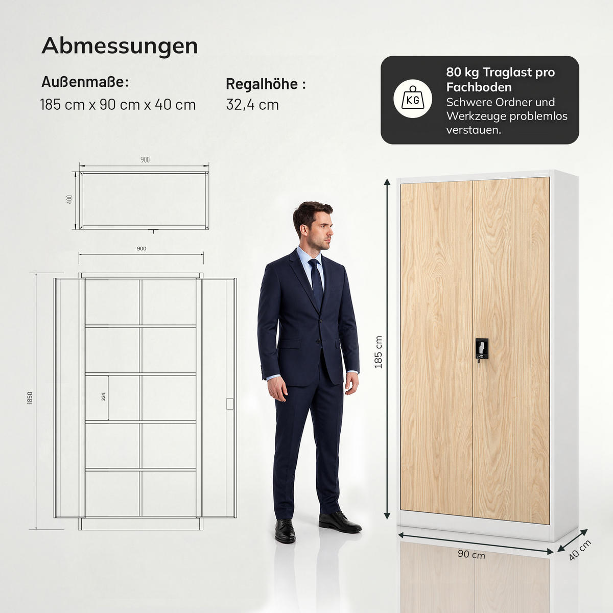 BÜROAKTENSCHRANK JAN 185 x 90 x 40 cm - Grau/Sonoma Eiche, Metall (90/185/40cm) - Jan Nowak