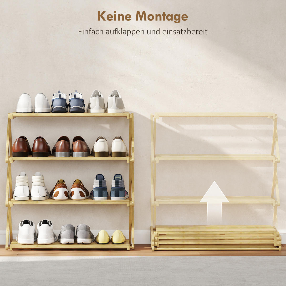 SCHUHREGAL mit 4 Ebenen Schuhablage aus Bambus für 12 Paar Schuhe Natur - Naturfarben, Naturmaterialien/Bambusholz (29/67/60cm) - HOMCOM