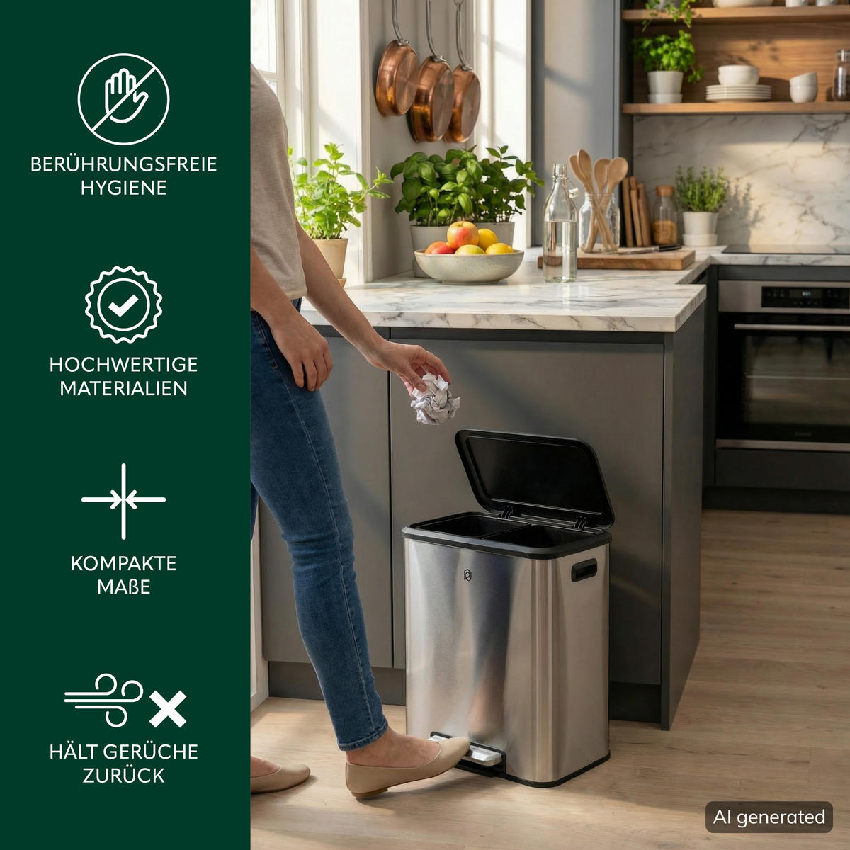 ABFALLEIMER je 15 Liter, silber - Edelstahlfarben, Metall (42.5/50/33.5cm) - eluno