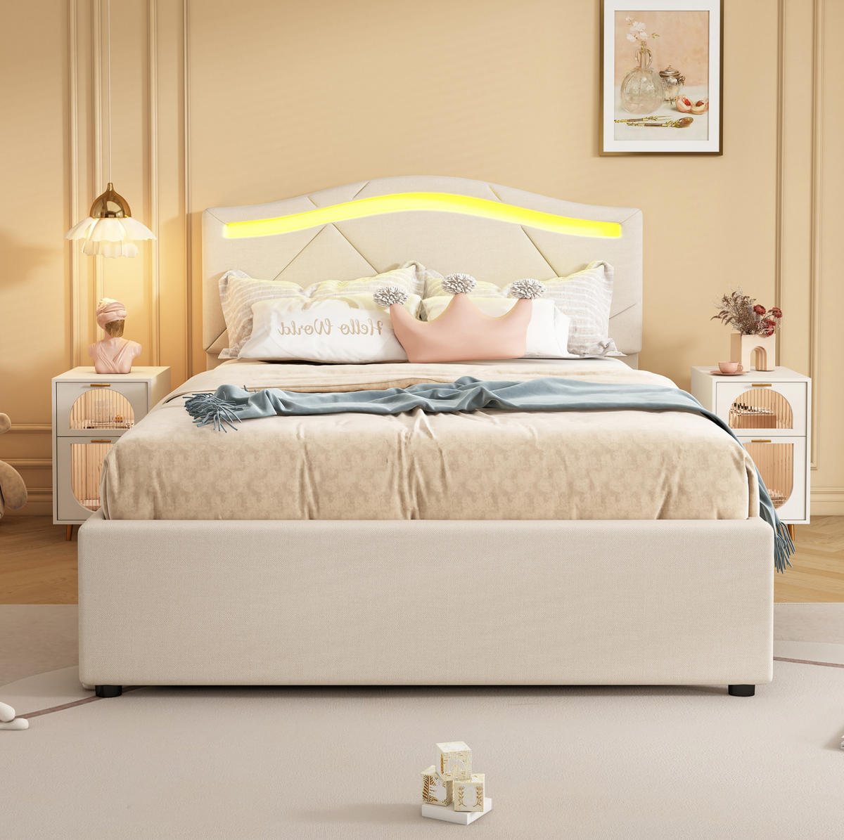 POLSTERBETT 90/200 cm Beige mit LED und 2 Schubladen - Beige, Textil (90/200cm) - MIVRAY