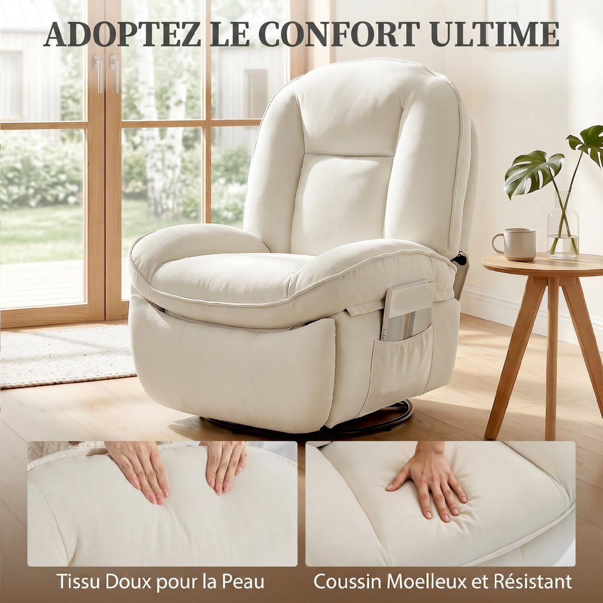 RELAXSESSEL,CHENILLE Liegefunktion 360° drehbar Seitentaschen,cremefarben - Creme, Textil (91/104/93cm) - Vallsero