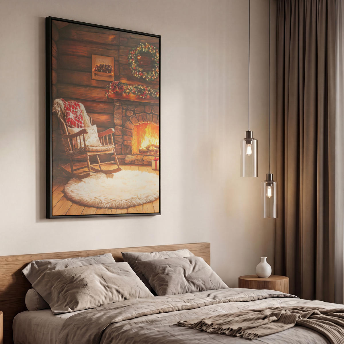 LEINWAND Bilder mit Rahmen - Winter - Weihnachten - Zuhause - Kamin - 60x90 - Bernsteinfarben, Textil (60/90cm) - MuchoWow