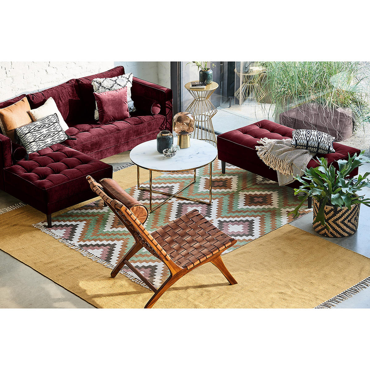 ECKSOFA - Samt - Dunkelbraun/Weinrot, Birkenholz/Textil (201/155cm) - home24