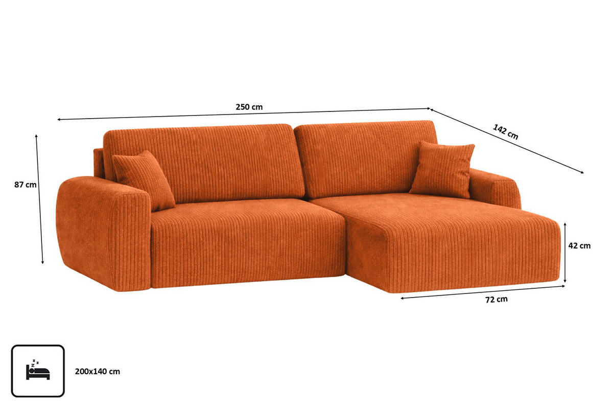 ECKSOFA Mit Schlaffunktion Ariel L, Cordstoff, Stoff Poso, Kupfer, Rechts - Orange, Holz (250/142cm) - Kaiser Möbel