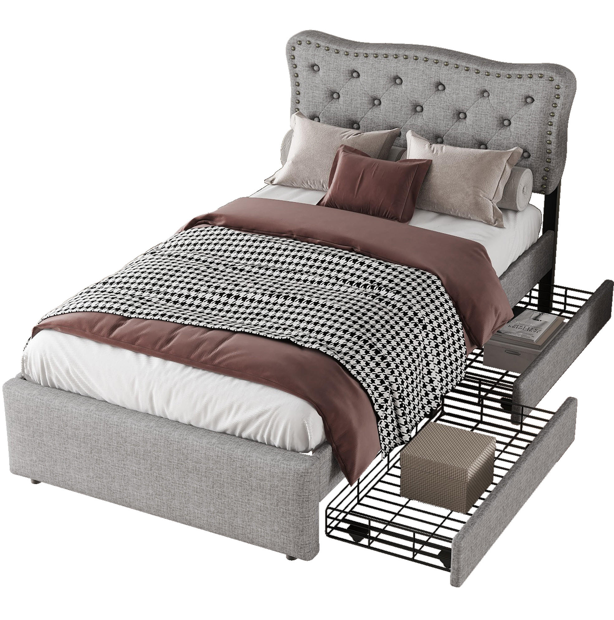 OKWISH ČALOUNĚNÁ postel 90/200 cm šedá z MDF se 2 zásuvkami a nastavitelným čelem