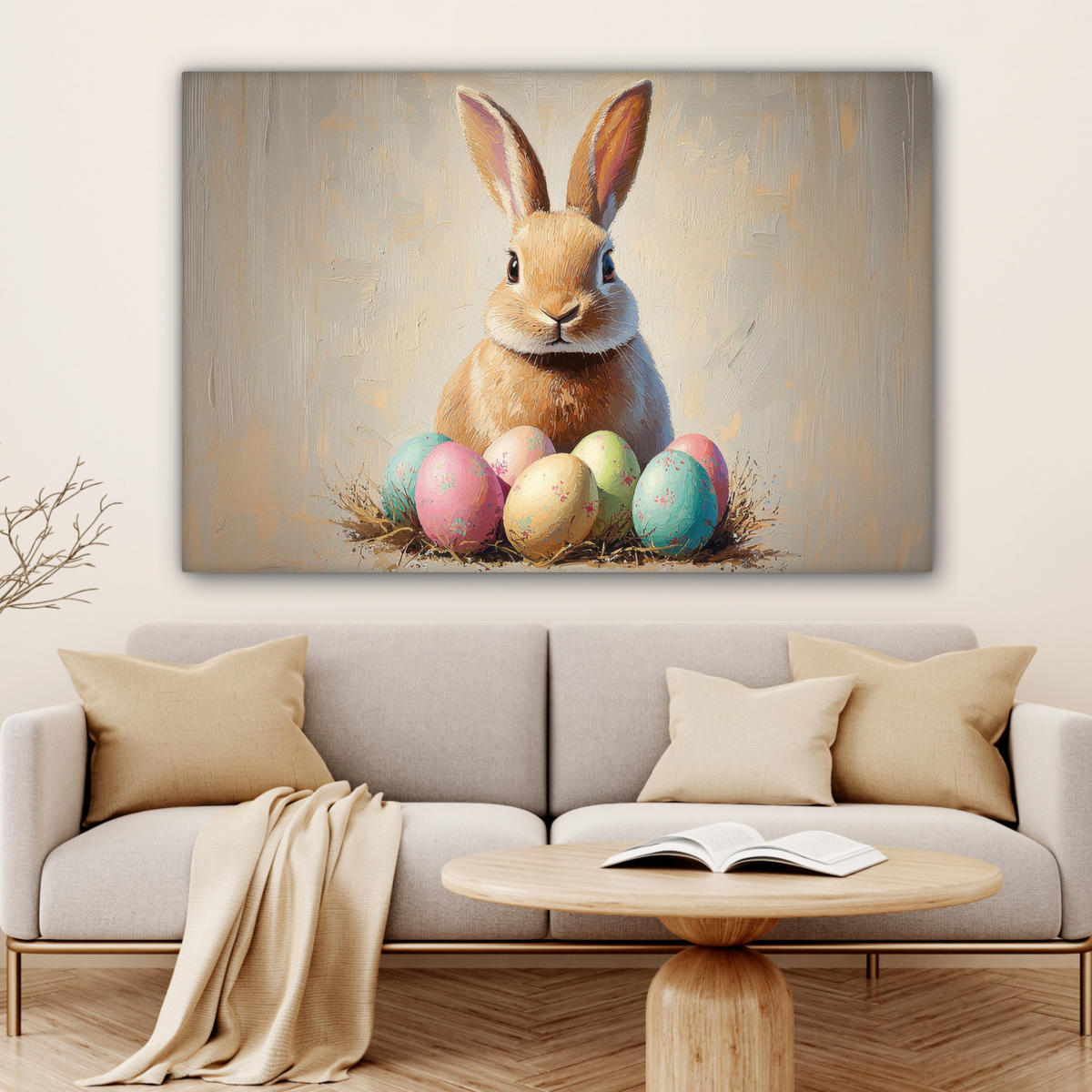 LEINWANDBILD Osterhase - Pastell - Eier Groß 140x90 cm - Beige, Textil (140/90cm) - MuchoWow