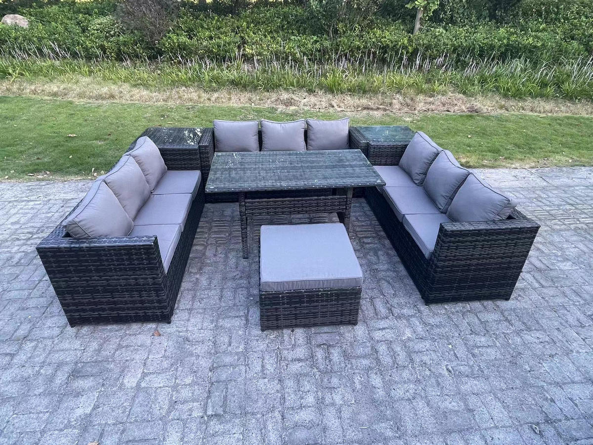 GARTENMÖBEL SET mit Beistelltischen,Esstisch Polyrattan 10-Sitzer - Dunkelgrau/Grau, Glas/Kunststoff - Fimous