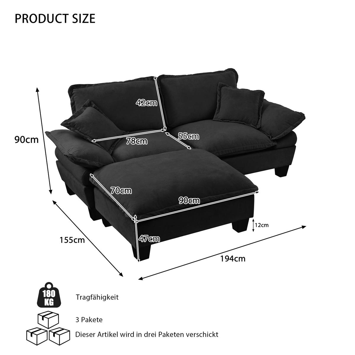 ECKSOFA aus Chenille 194x155x90 cm in Schwarz mit Ottomanen-Modul - Schwarz, Textil (155/90/194cm) - Modfu
