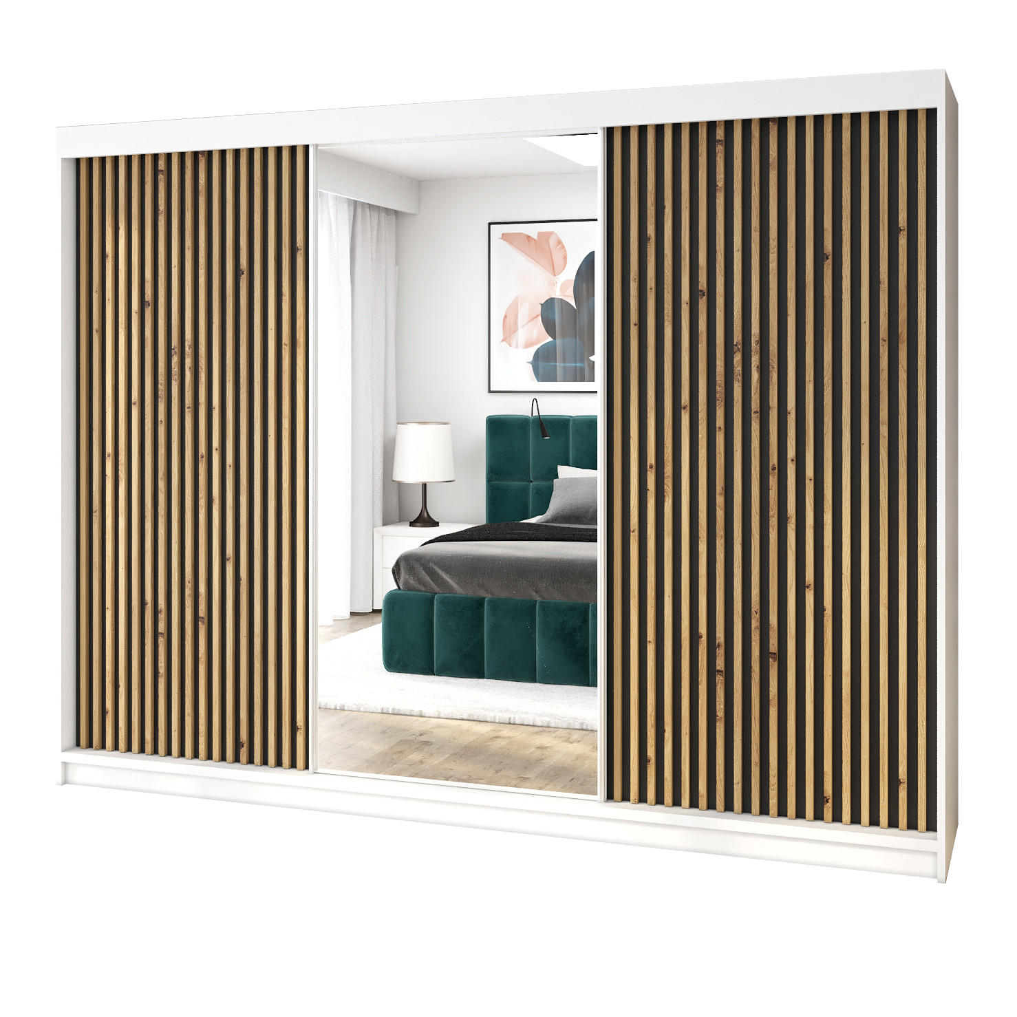 A&J MöbelLand Schwebetürenschrank Weiß, Schwarz 200x215x59.5 cm