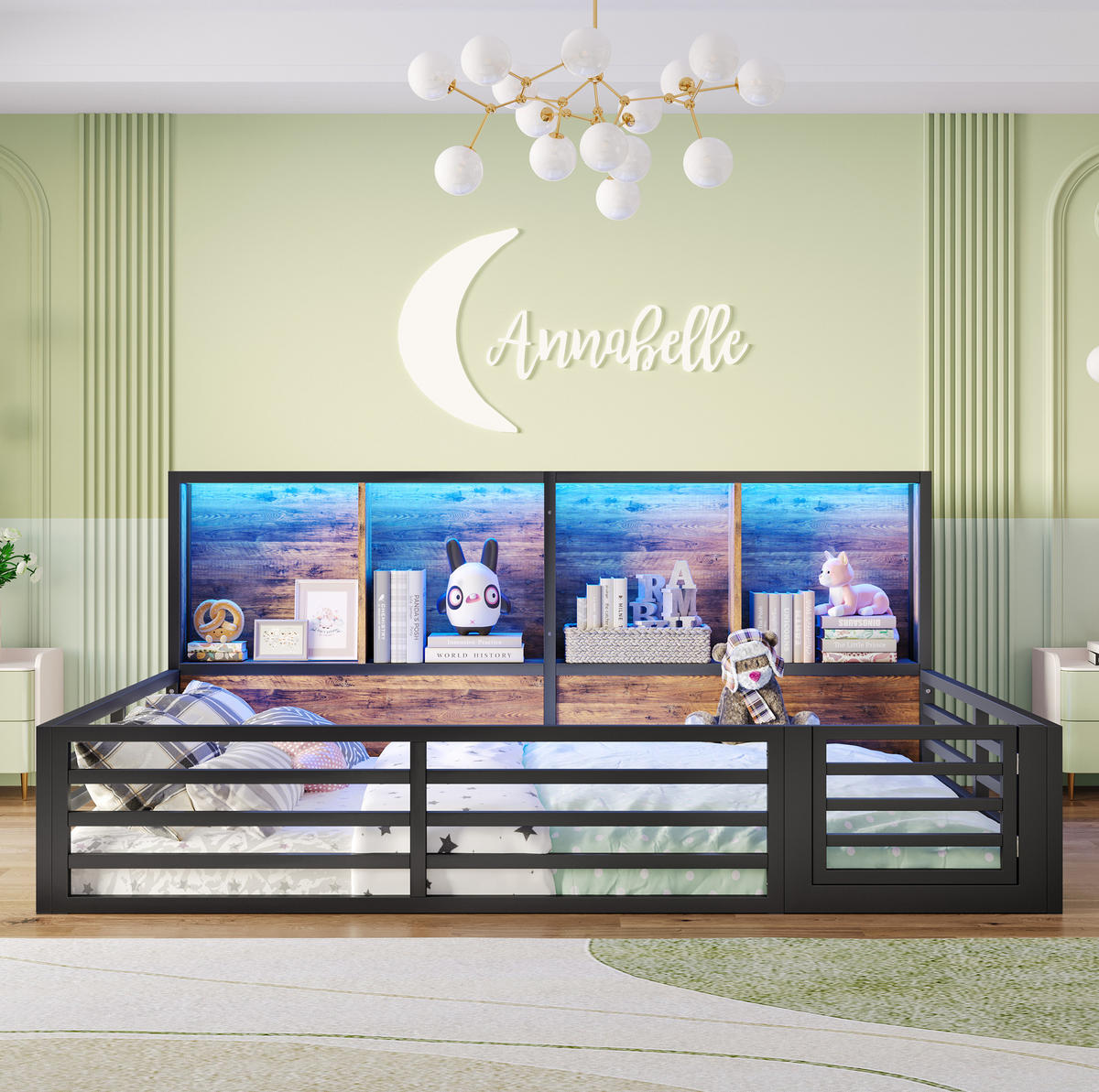 ZAUNBETT 140/200 cm Schwarz aus Metall und MDF mit Lattenrost und LED - Schwarz, Metall (140/200cm) - OKMYHOME