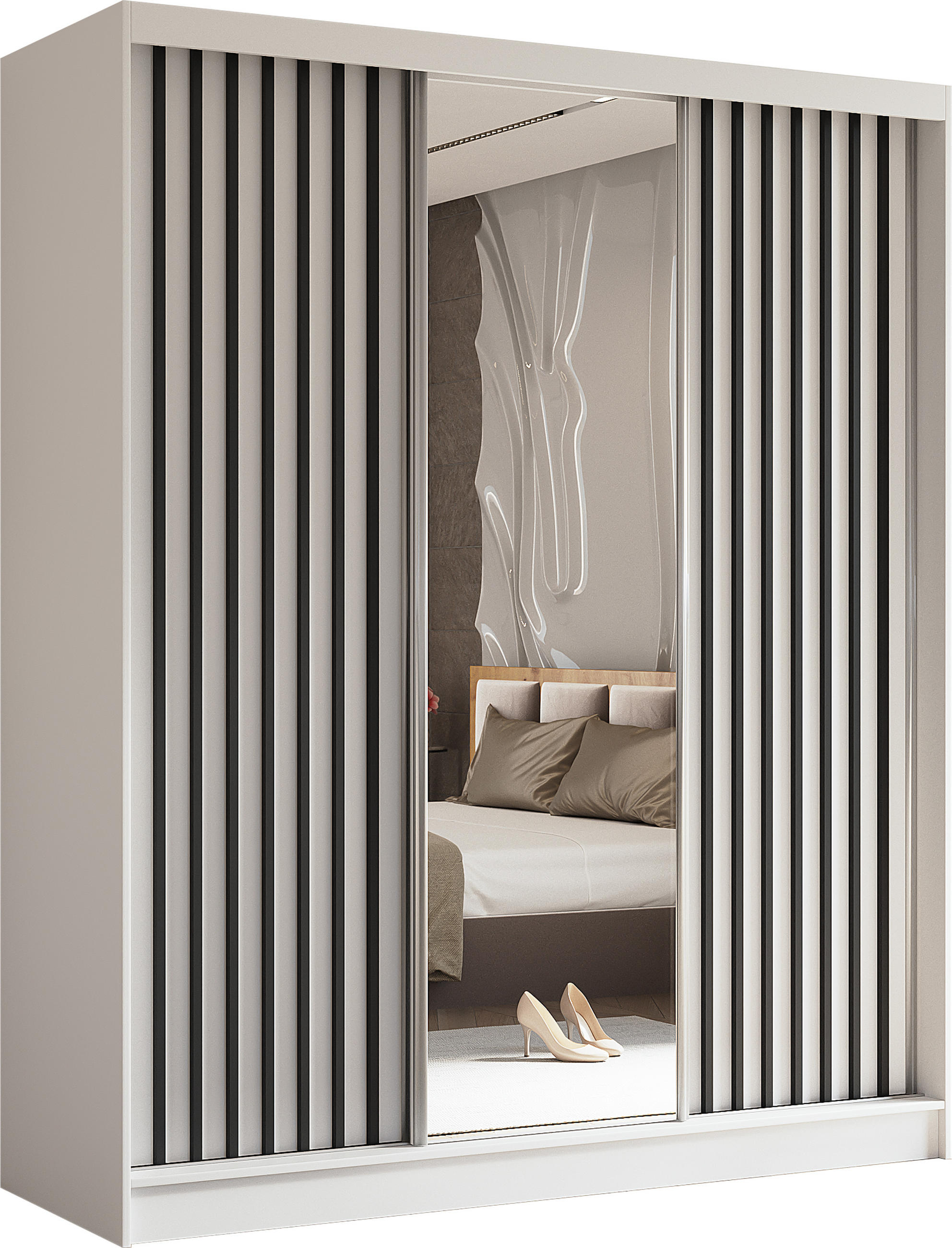 AX Living Schwebetürenschrank Weiß, Schwarz 180x216x61 cm