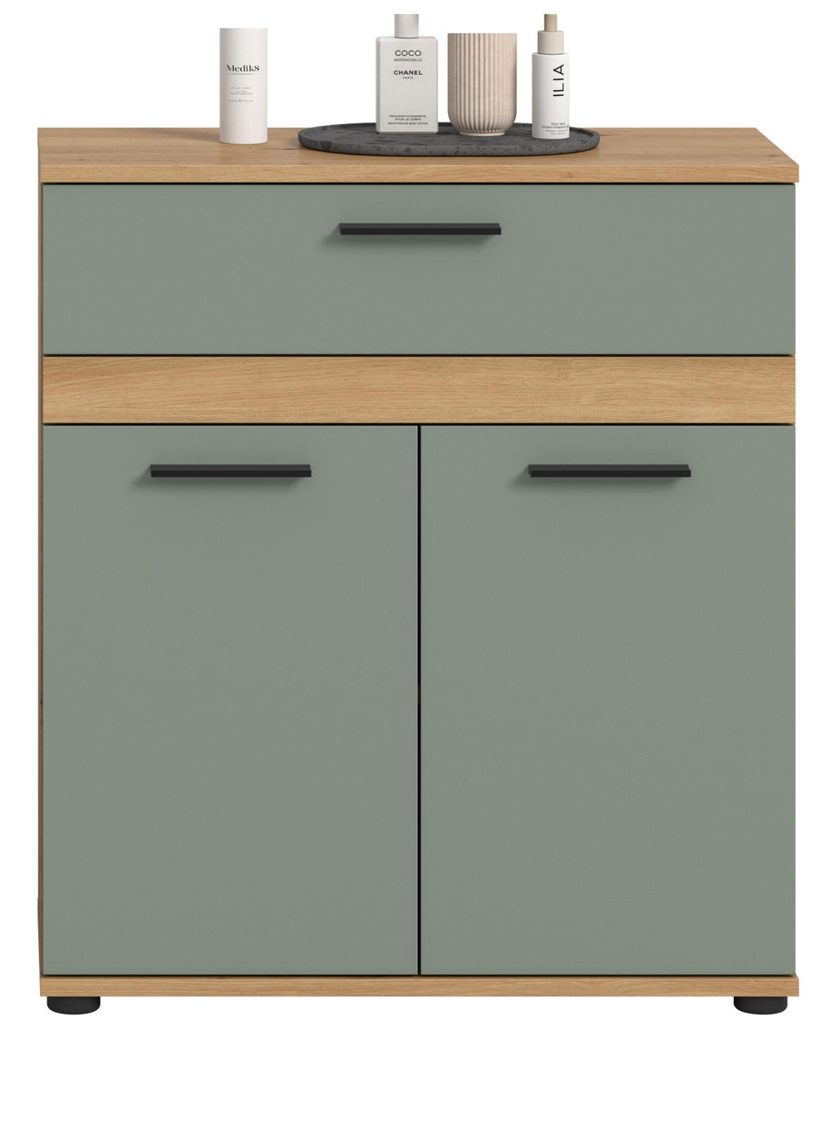 KOMMODE Salbei grün, Eiche Artisan 70 x 79 cm, Badschrank 2-türig - Salbeigrün/Schwarz, Holzwerkstoff/Kunststoff (70/79/31cm) - Inn.Furn