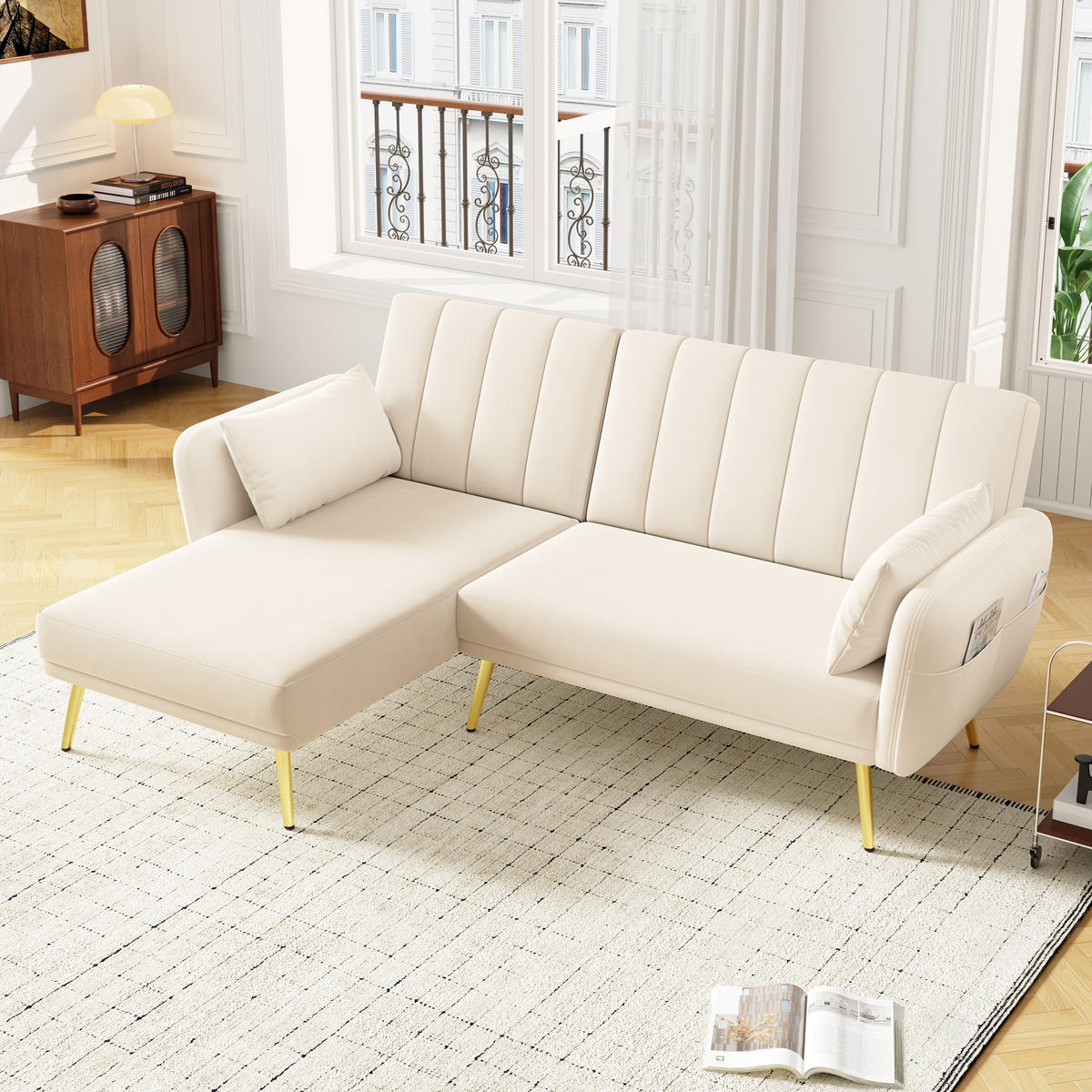 SOFA L-Form Klappsofa Schlaffunktion Zusatzecke Modern Gästezimmer Heimkino - Beige, Holz (110.49/70.99cm) - FLIEKS